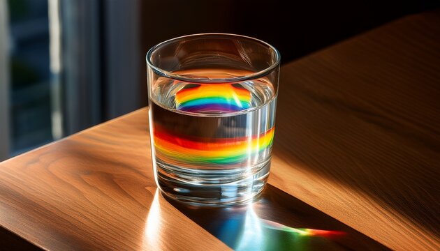 a glass of water illuminated by sunlight showcasing a vibrant rainbow refraction