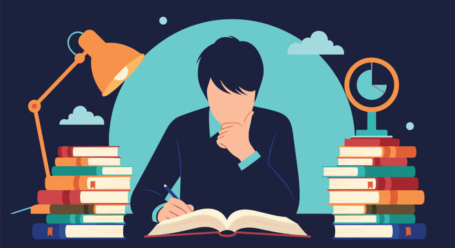 Focused young student thinking and writing notes while studying hard at night surrounded by tall piles of school books.