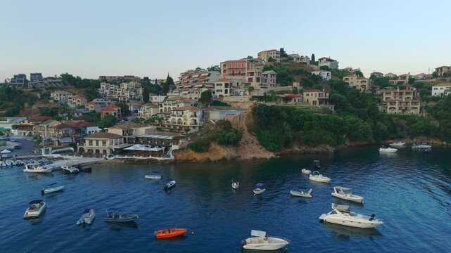 Aerial Sunrise Over Syvota Greece Coastline with Calm Ionian Sea