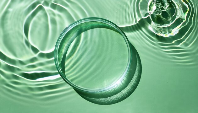empty glass circle podium on transparent clear green water texture with splashes and waves in sunlight abstract nature background for product presentation flat lay cosmetic mockup