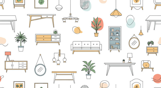 Seamless interior design pattern with modern furniture pieces like sofas, tables, bookshelves, and house plants.