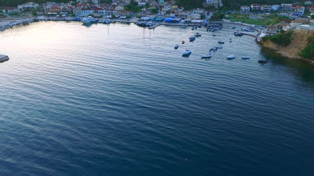Aerial Sunrise Over Syvota Greece Coastline with Calm Ionian Sea