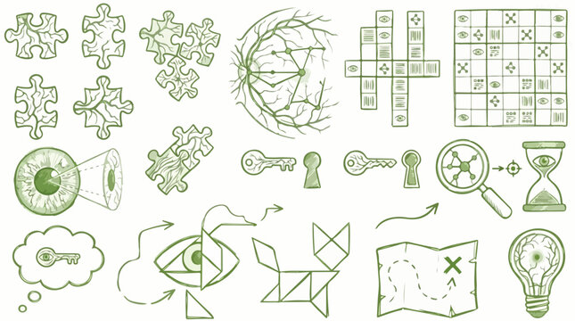 Vintage hand drawn logic puzzle icons, green sketch brain games and mental health symbols, escape room mystery vector set