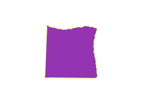 A purple silhouette map of the state of oregon with a bright yellow border