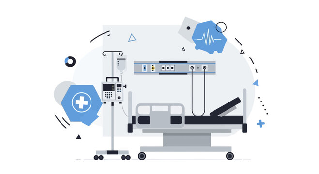 Hospital Room Illustration Featuring Medical Equipment And Patient Bed With Abstract Shapes