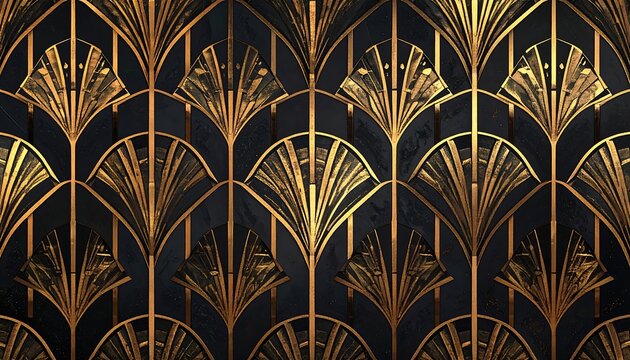 A black background with repeating gold metallic art deco patterns