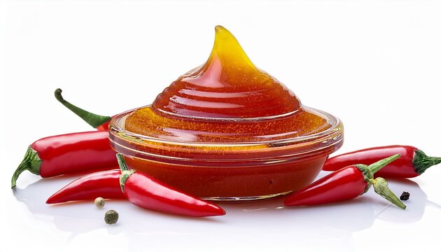 spicy chili oil sauce with peppers isolated on white background
