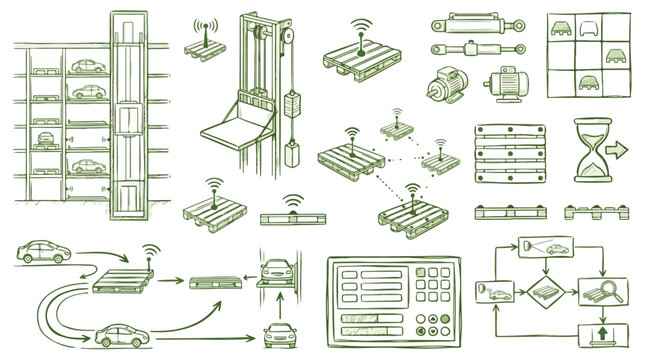 Smart automated parking system vector set, industrial warehouse logistics and mechanical lift icons, green hand drawn technical diagrams