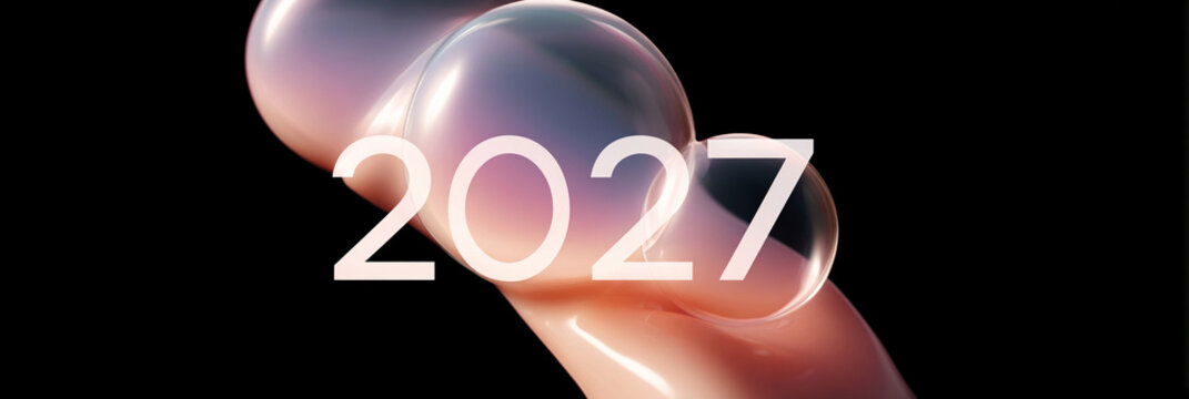 Hand holds glowing bubble with year 2027 text. Futuristic concept showing time travel or future vision. Suitable for tech, innovation, or forward-thinking projects