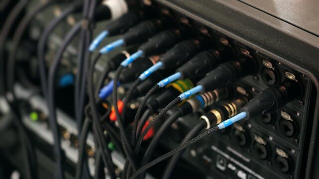 Close-up of professional audio interface with multiple XLR cables connected for live sound reinforcement, concert production, recording studio or broadcasting equipment.