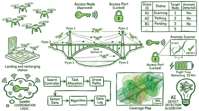 Autonomous drone swarm bridge inspection system, smart infrastructure monitoring vector, industrial UAV fleet coordination and defect detection logic