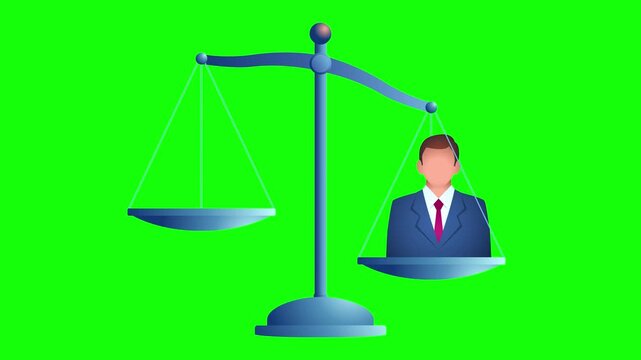 Motion graphic of a balanced scale with male and female business professionals with stacks of money, symbolizing equal compensation or salary and gender pay equity