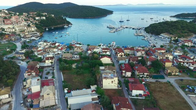 Aerial Sunrise Over Syvota Greece Coastline with Calm Ionian Sea