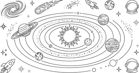 Solar System and Outer Space Exploration Vector Line Icon Set with Sun, Planet Orbits, Rockets, Astronaut Helmets, Meteorites, and Galaxy Stars © MD