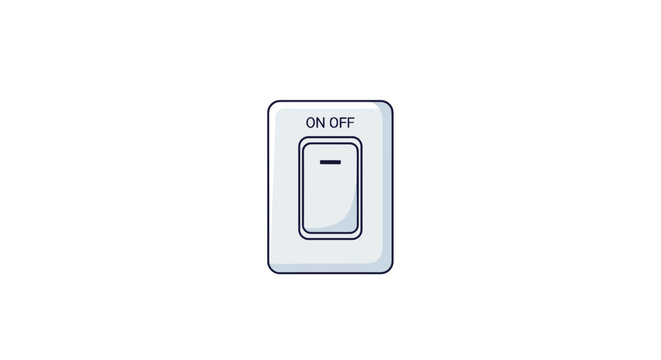Simple grey plastic wall light switch turned on with on and off labels in flat cartoon illustration style.