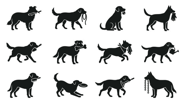 Twelve black vector silhouettes of diverse dogs holding various items including a leash, ball, bone, watering can, and frisbee in their mouths, isolated on a white background set.