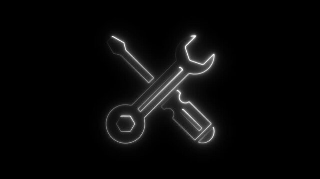 Glowing neon crossed wrench and screwdriver animation for maintenance and repair services