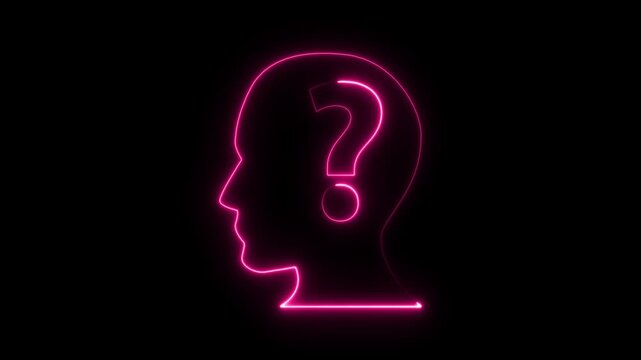 Neon pink glowing human head silhouette with question mark symbol animation