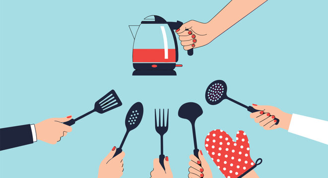 Group of hands holding different kitchen tools and accessories up towards a modern electric glass kettle filled with red liquid tea.