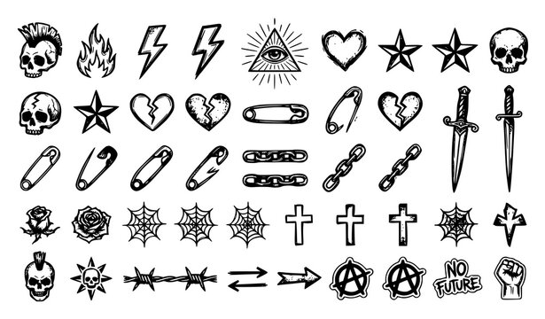 Grunge Punk Doodle Icon Pack Tattoo Style Vector