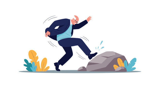 Elderly man in business suit tripping and slipping over a large grey rock outdoor on a white background.