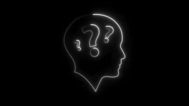 Neon human head silhouette with floating question marks for mental health and psychology concepts