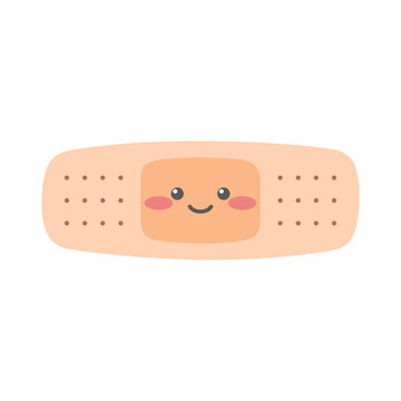 Medical plaster with cute smiling face. Adhesive bandage character in flat style. Suitable for kids projects. Vector illustration isolated on white background.
