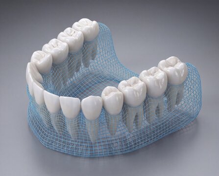 Digital lower jaw model showing complete teeth roots and gum anatomy
