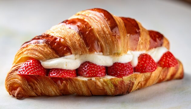 close up of a sliced croissant with strawberries and cream