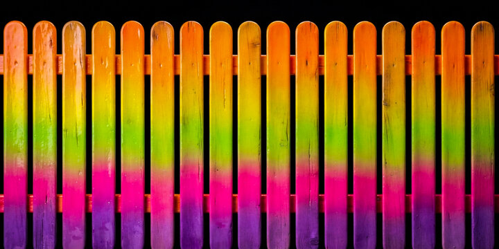 A wooden fence made of popsicle sticks painted in a vibrant, vertical rainbow gradient, set against a solid black background