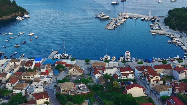 Aerial Sunrise Over Syvota Greece Coastline with Calm Ionian Sea