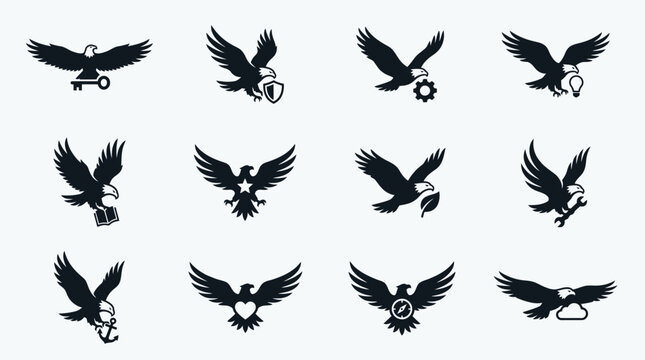 Set of 12 black eagle silhouette logos featuring various symbolic icons like key, shield, gear, lightbulb, book, star, leaf, wrench, anchor, heart, compass, and cloud on white.