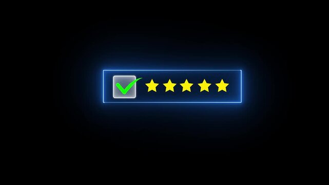 Special with rating star icon animation. Golden glowing five star flat symbol animation with transparent black background. Customer feedback, 5 star rating 4k animation video.