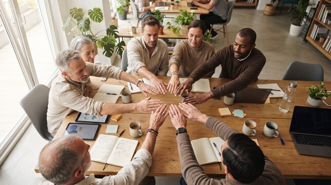 Circle of Diverse Hands Around a Wooden Table