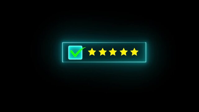 Special with rating star icon animation. Golden glowing five star flat symbol animation with transparent black background. Customer feedback, 5 star rating 4k animation video.