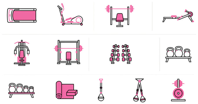 Modern Gym Equipment Icon Collection Featuring Cardio Machines Strength Training Weights Resistance Gear and Fitness Accessories Vector