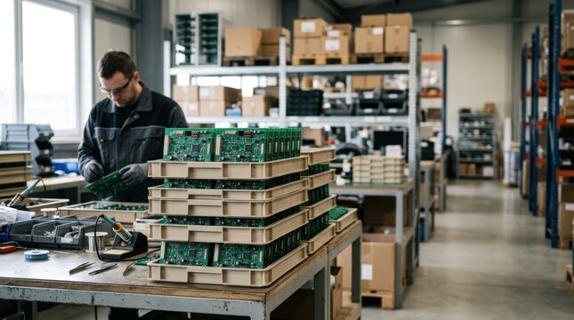 Stacks of circuit boards in electronics supply chain warehouse