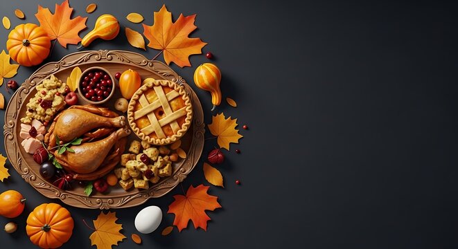 Festive thanksgiving feast roasted turkey with traditional sides and autumn decor