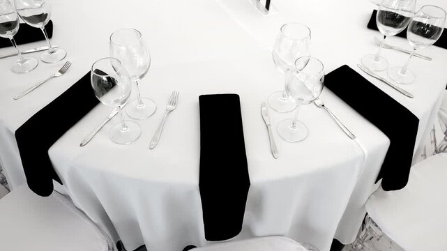 Top view of an elegant banquet table prepared for wedding reception, corporate event or fine dining. Stylish table setting with wine glasses, cutlery and black napkins.
