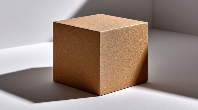 Cardboard Cube in Light and Shadow: A simple cardboard cube sits on a clean surface, casting a sharp shadow and creating a stark contrast between light and shadow, representing form and simplicity.
