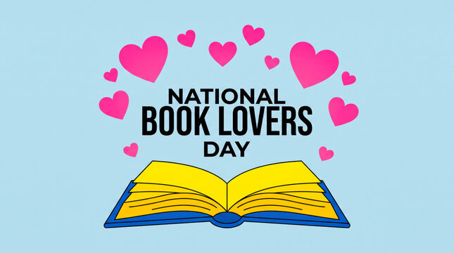 National book lovers day illustration with open book and hearts