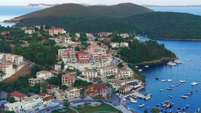 Aerial Sunrise Over Syvota Greece Coastline with Calm Ionian Sea