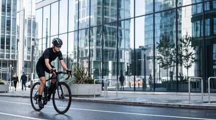 Obraz premium Cyclist riding past modern glass buildings in urban cityscape