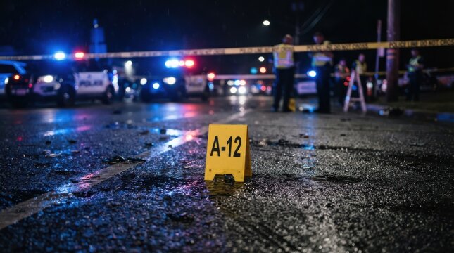 Yellow evidence marker on wet road at nighttime crime scene with police cars and tape police tape