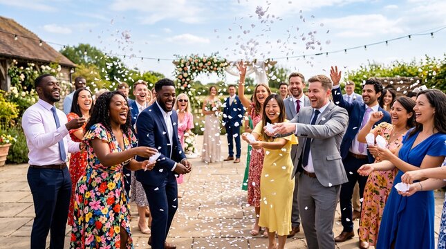 Diverse wedding guests throwing confetti during an outdoor garden ceremony celebration with confetti