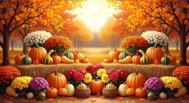 Autumn harvest scene with pumpkins flowers and fall foliage