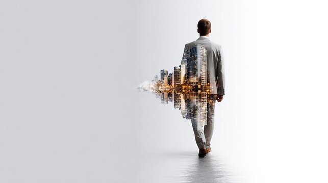 A businessman walks away from the viewer, his suit jacket reflecting a cityscape, symbolizing ambition and the future of urban development.