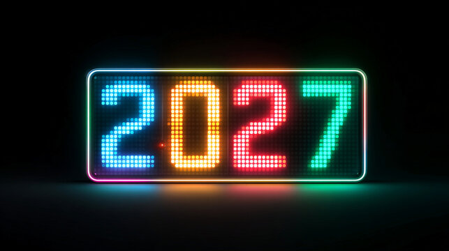 Vivid digital display shows year 2027 in colorful, glowing digits. Background features pixelated light patterns, suggesting futuristic tech. Ideal for New Year, tech, or future-themed projects