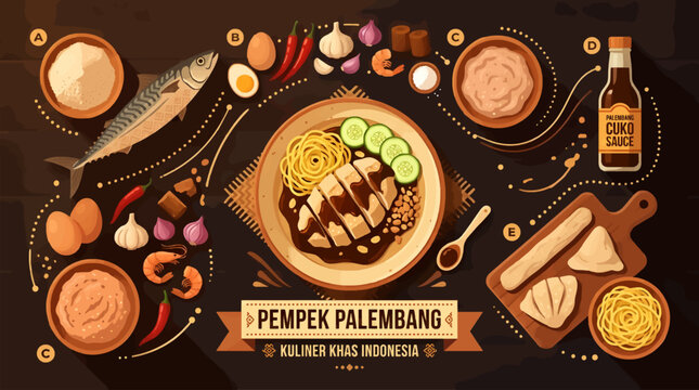 Flat Lay Illustration of Pempek Palembang Ingredients and Dish, Featuring Fish, Noodles, Sauce, and Spices on Dark Background, Indonesian Cuisine Culinary Flatlay