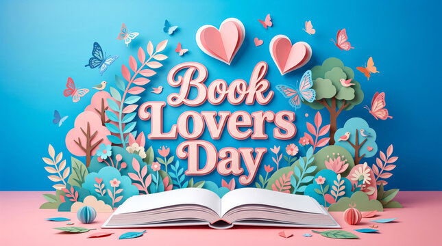 Book lovers day celebration with open book and hearts